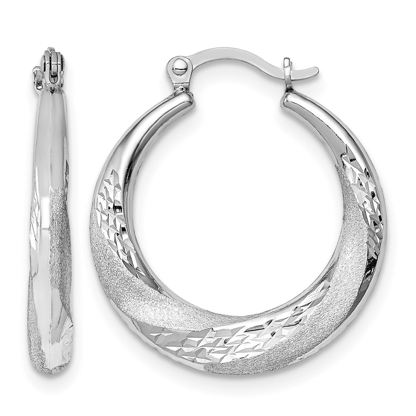 Sterling Silver RH-plated Brushed & D/C Scalloped Round Hoop Earrings
