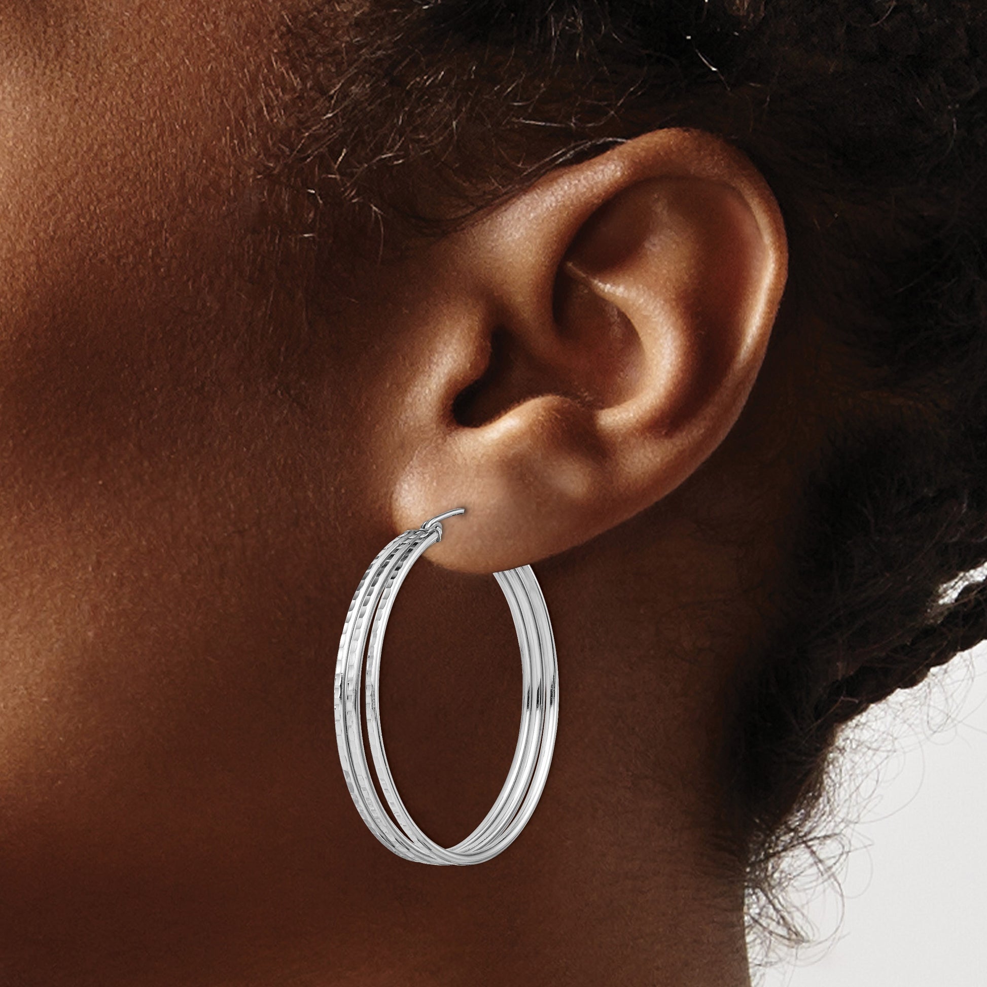Sterling Silver Rhodium Plated Textured Fancy Hoop Earrings