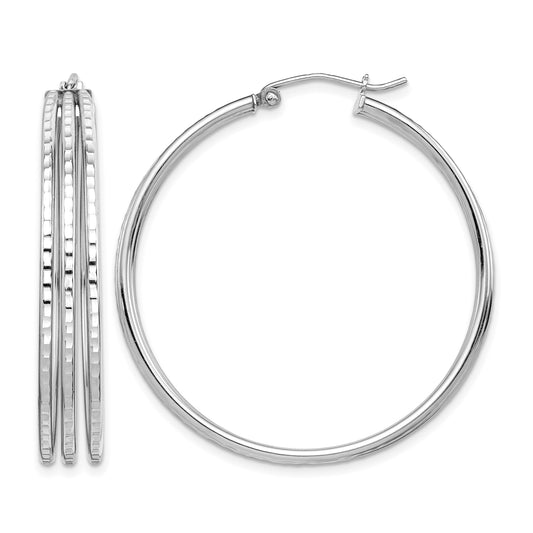 Sterling Silver Rhodium Plated Textured Fancy Hoop Earrings