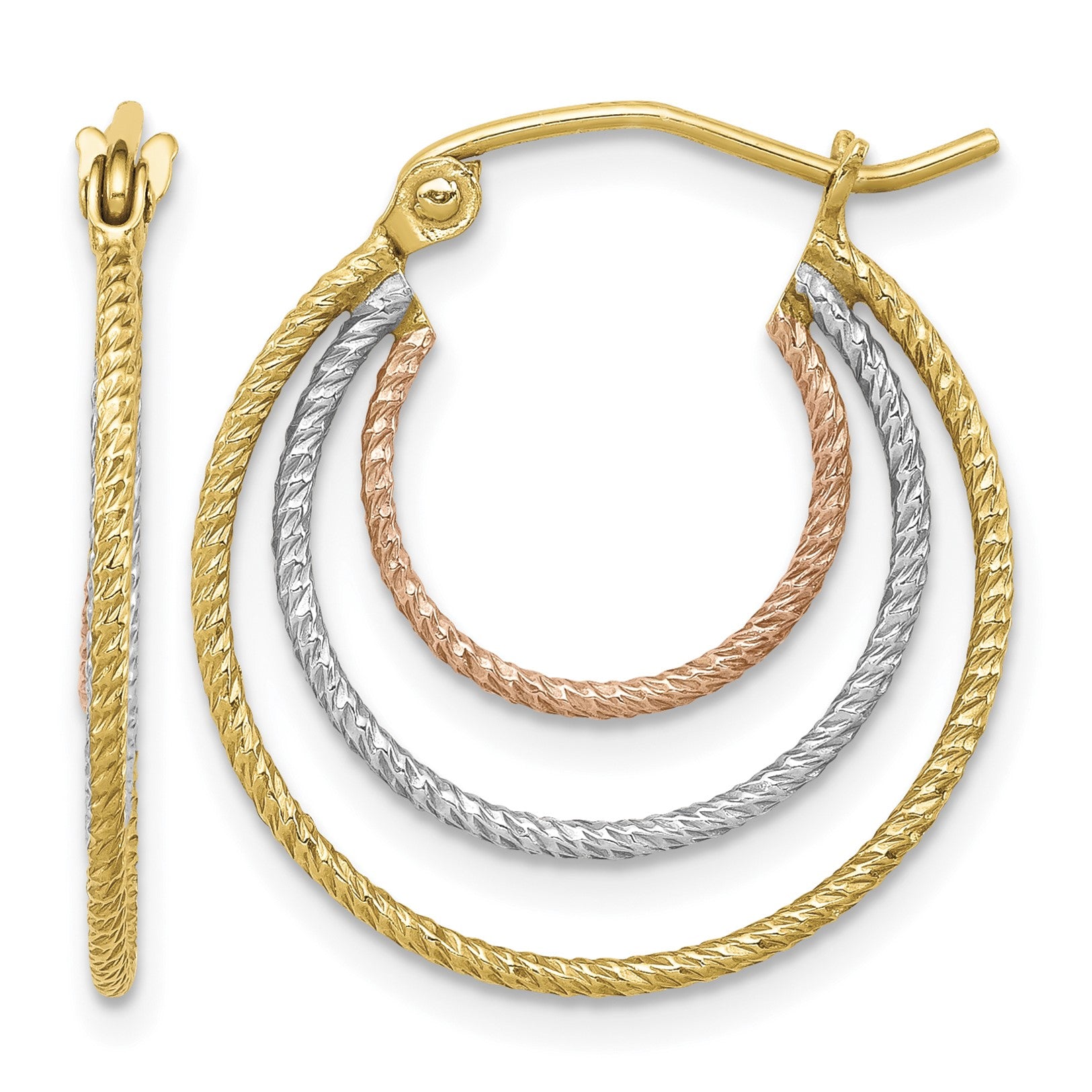 Sterling Silver Rhod-plated Yellow/Rose Vermeil 1.5mm Triple Hoop Earrings
