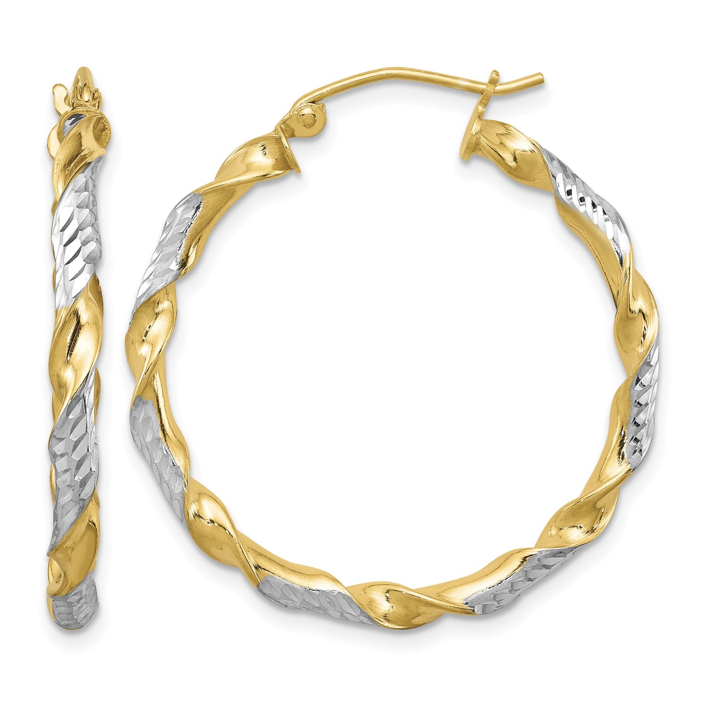 Sterling Silver RH-plated Vermeil Diamond-cut 3x30mm Twisted Hoop Earrings