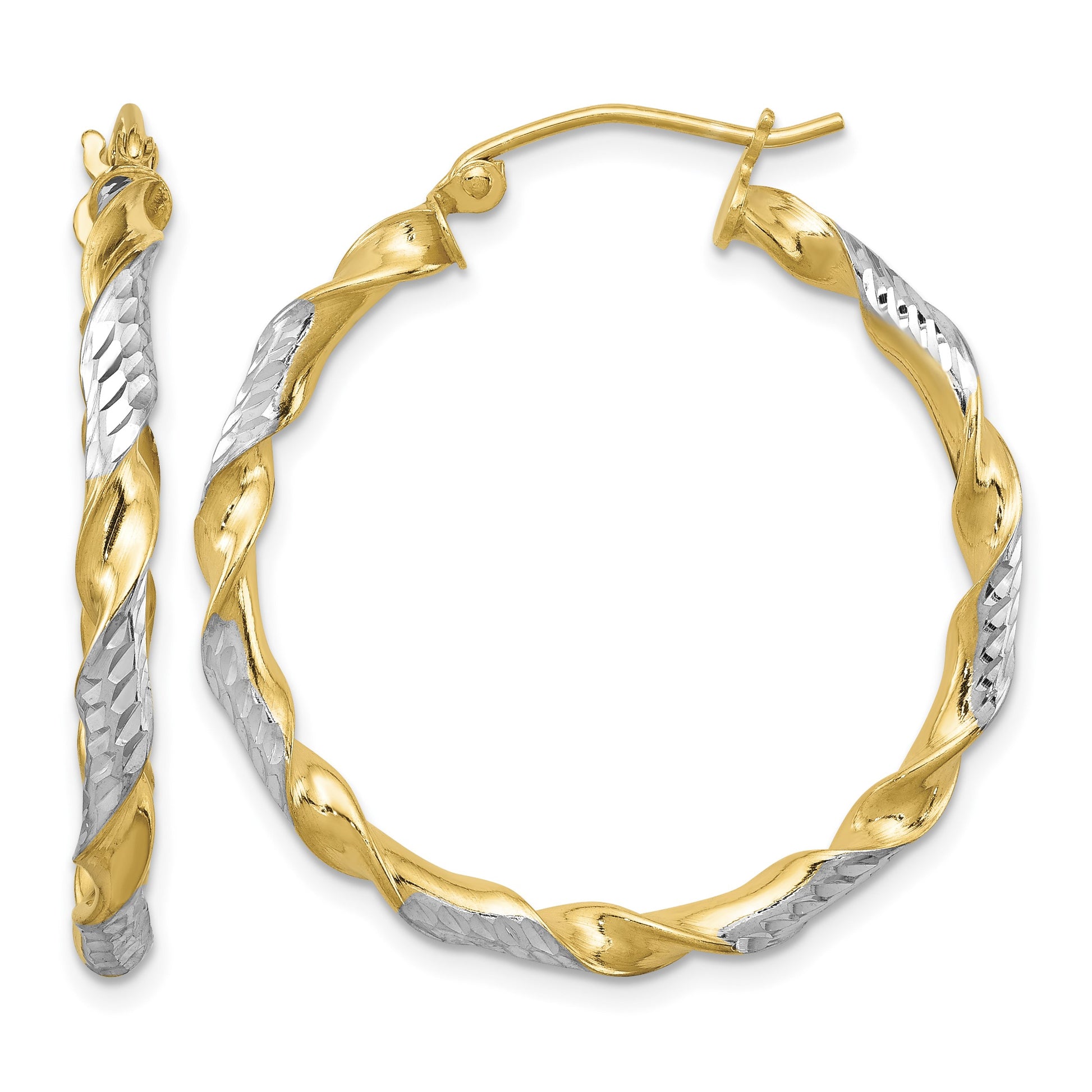 Sterling Silver RH-plated Vermeil Diamond-cut 3x30mm Twisted Hoop Earrings