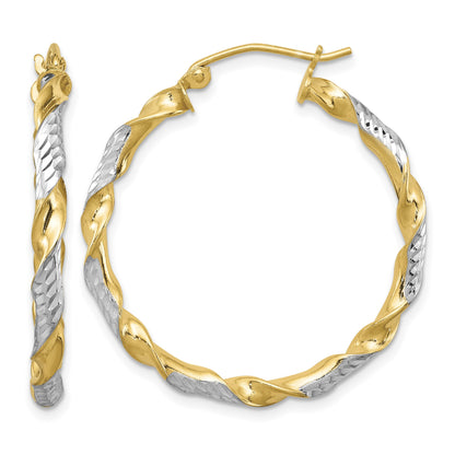 Sterling Silver RH-plated Vermeil Diamond-cut 3x30mm Twisted Hoop Earrings