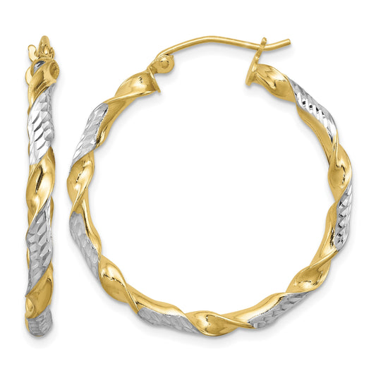 Sterling Silver RH-plated Vermeil Diamond-cut 3x30mm Twisted Hoop Earrings