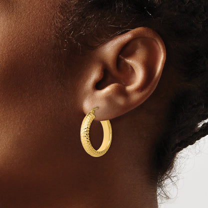 Sterling Silver Gold-plated Diamond-cut 5x25mm Hoop Earrings