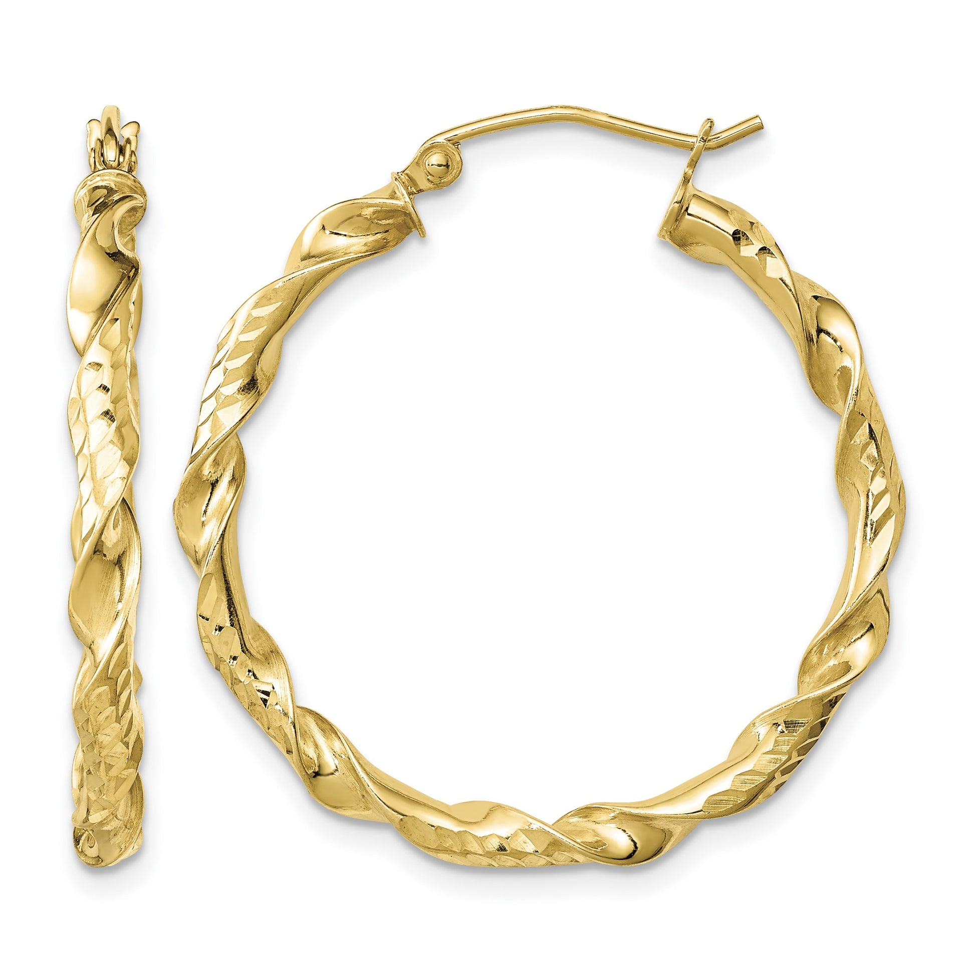 Sterling Silver Gold-plated 3x30mm Diamond-cut Twisted Hoop Earrings