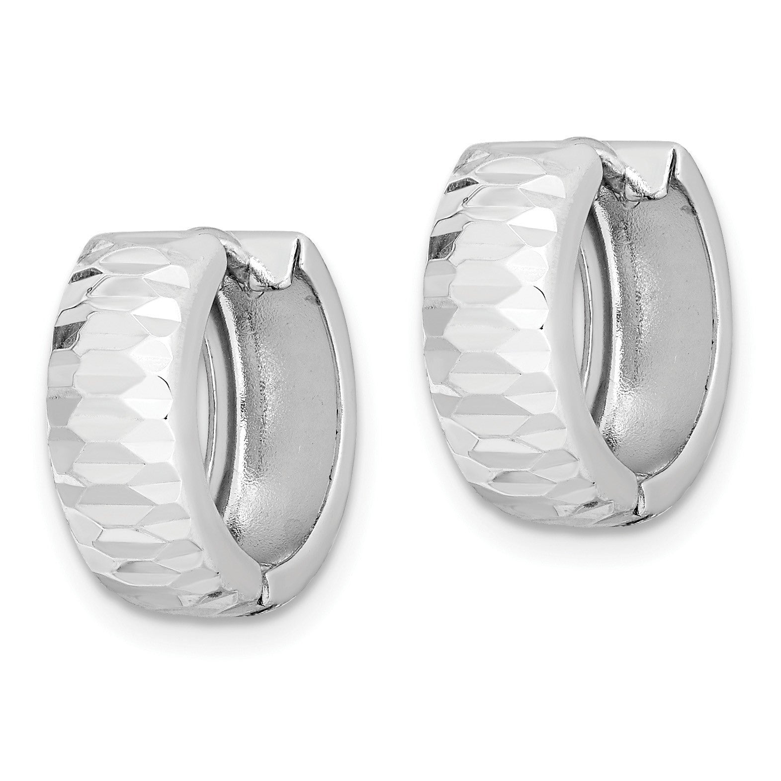 Sterling Silver Rhodium Polished Diamond-cut Hinged Hoop Earrings