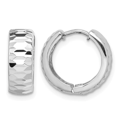 Sterling Silver Rhodium Polished Diamond-cut Hinged Hoop Earrings