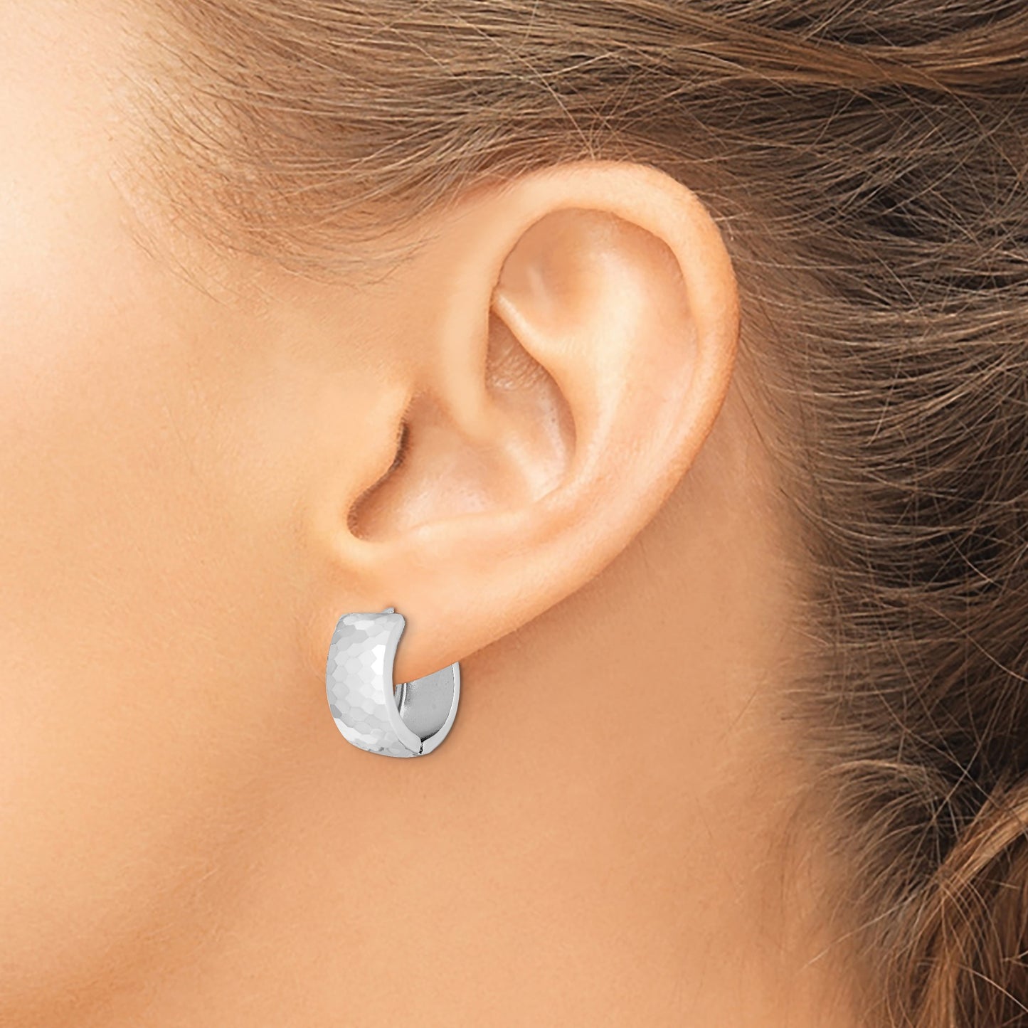 Sterling Silver Rhodium Polished Patterned Hinged Hoop Earrings