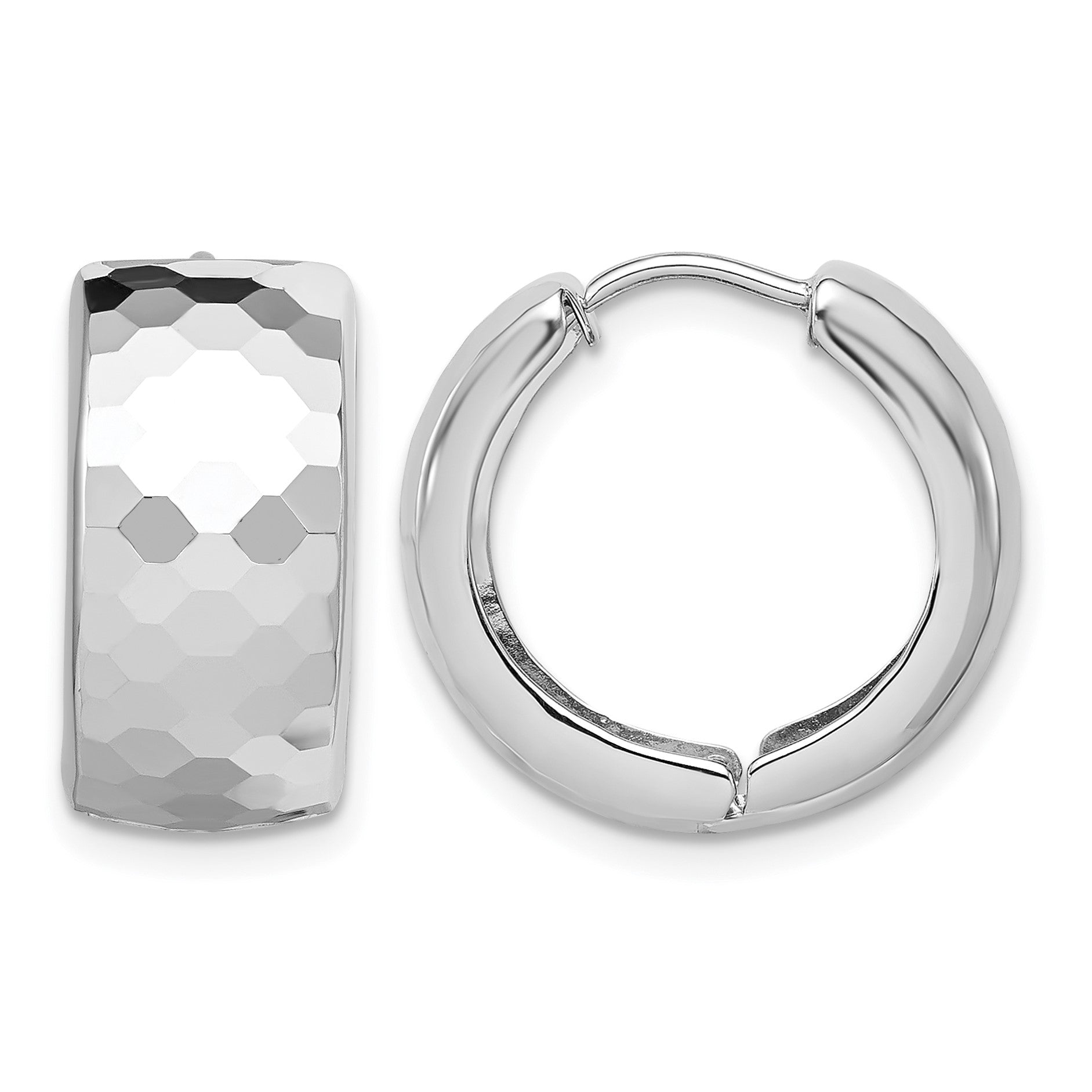 Sterling Silver Rhodium Polished Patterned Hinged Hoop Earrings