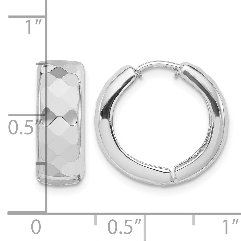 Sterling Silver Rhodium Polished Patterned Hinged Hoop Earrings