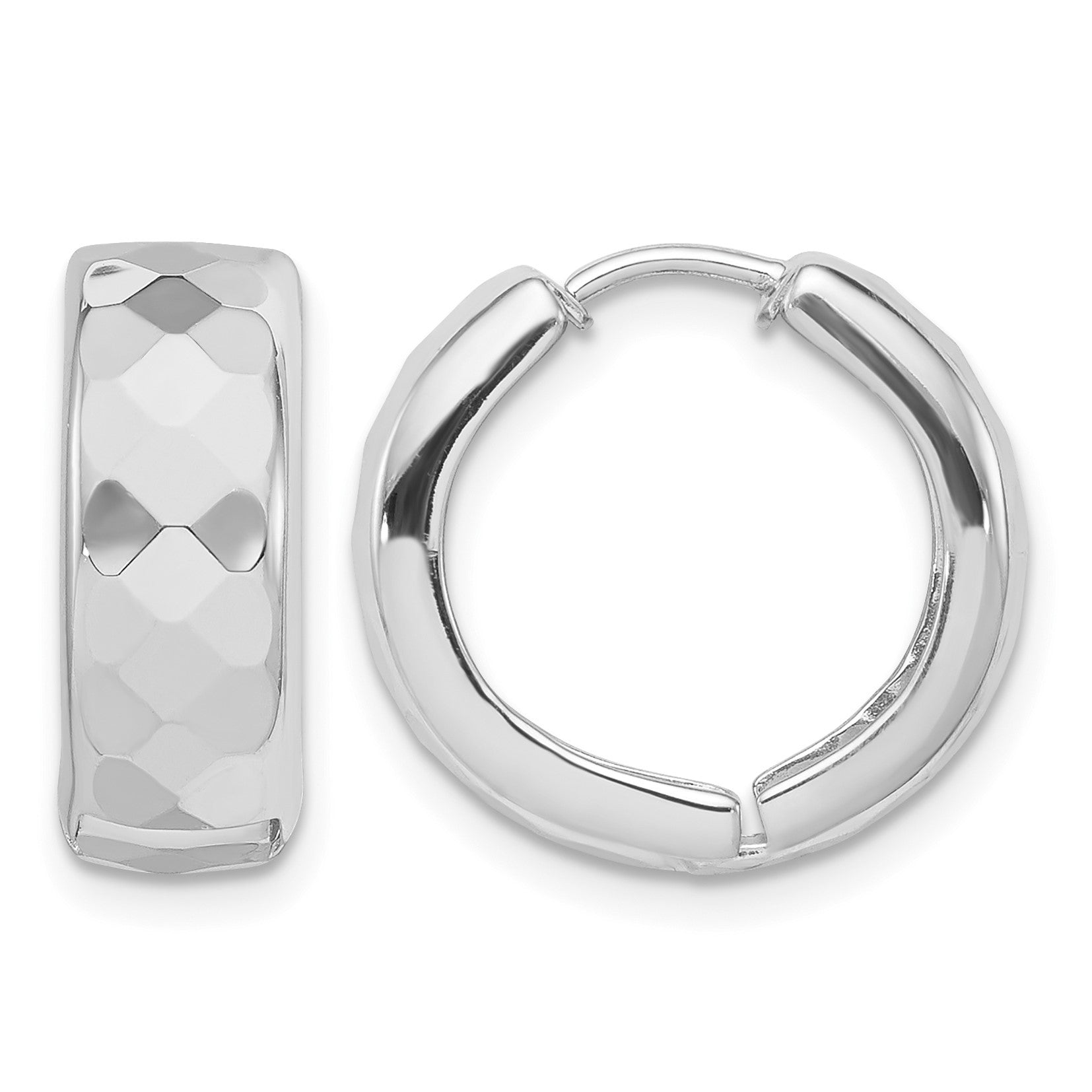 Sterling Silver Rhodium Polished Patterned Hinged Hoop Earrings