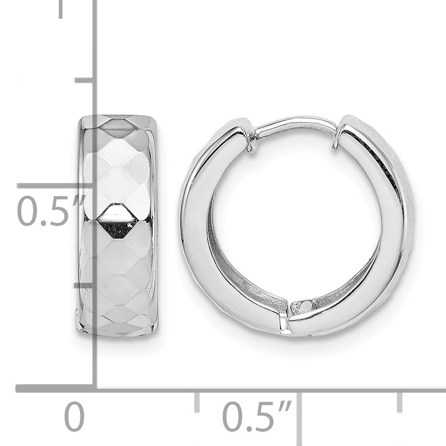 Sterling Silver Rhodium Polished Patterned Hinged Hoop Earrings