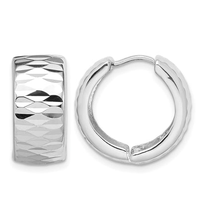 Sterling Silver Rhodium Polished Diamond Cut Hinged Hoop Earrings