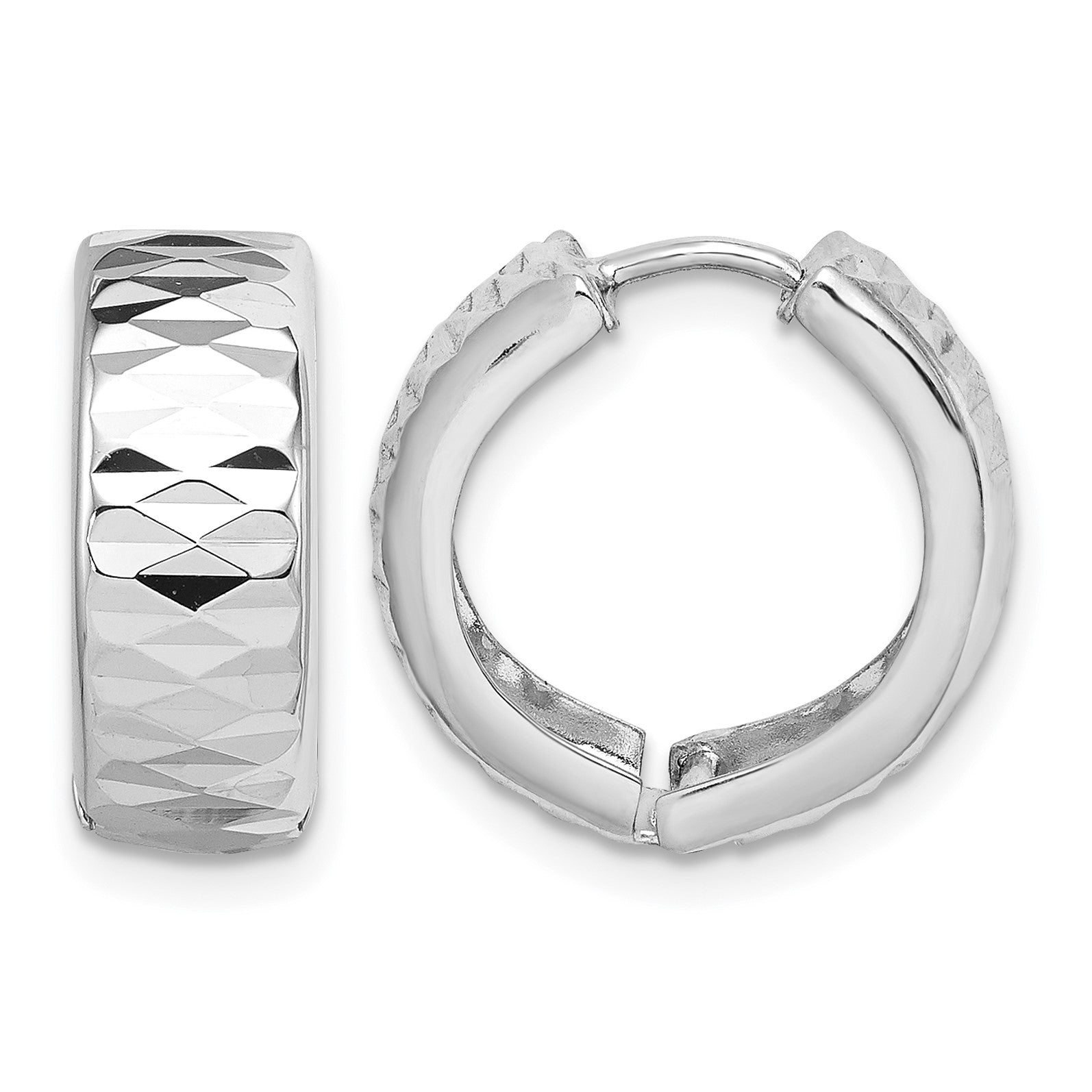 Sterling Silver Rhodium Diamond Cut Polished Hinged Hoop Earrings