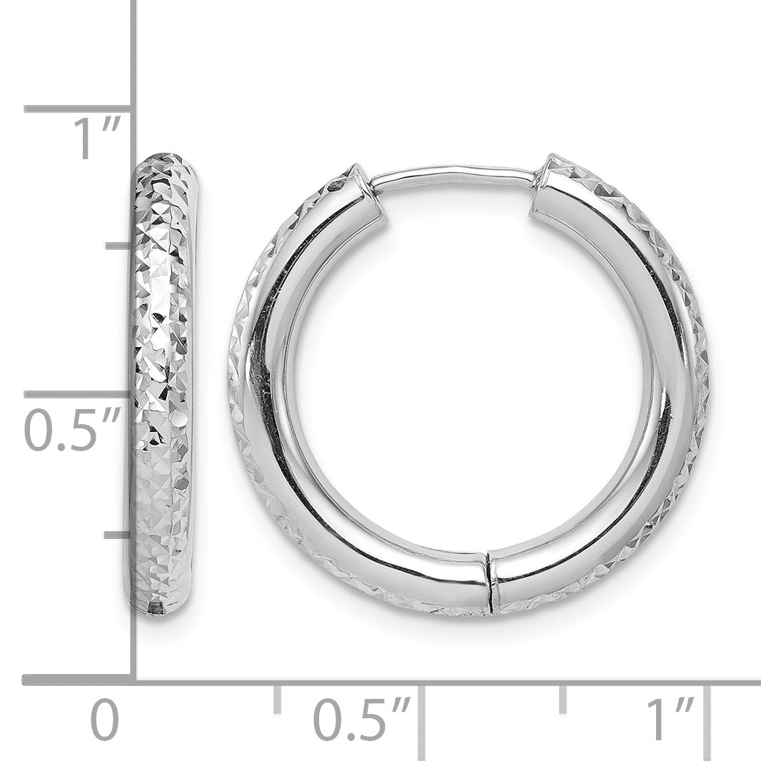 Sterling Silver Rhodium Polished Diamond Cut Hinged Hoop Earrings
