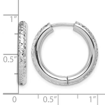 Sterling Silver Rhodium Polished Diamond Cut Hinged Hoop Earrings