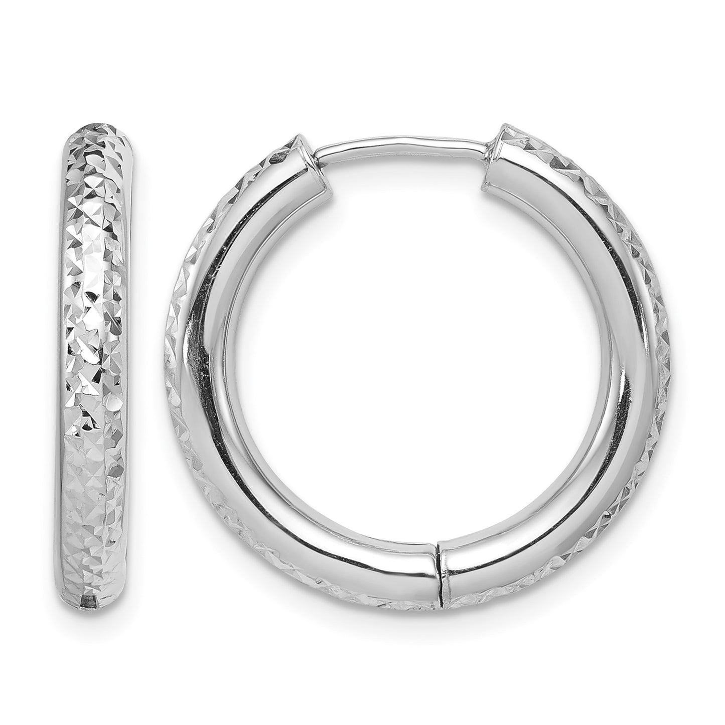 Sterling Silver Rhodium Polished Diamond Cut Hinged Hoop Earrings