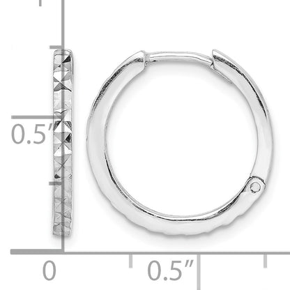 Sterling Silver Rhodium Polished Diamond Cut Hinged Hoop Earrings