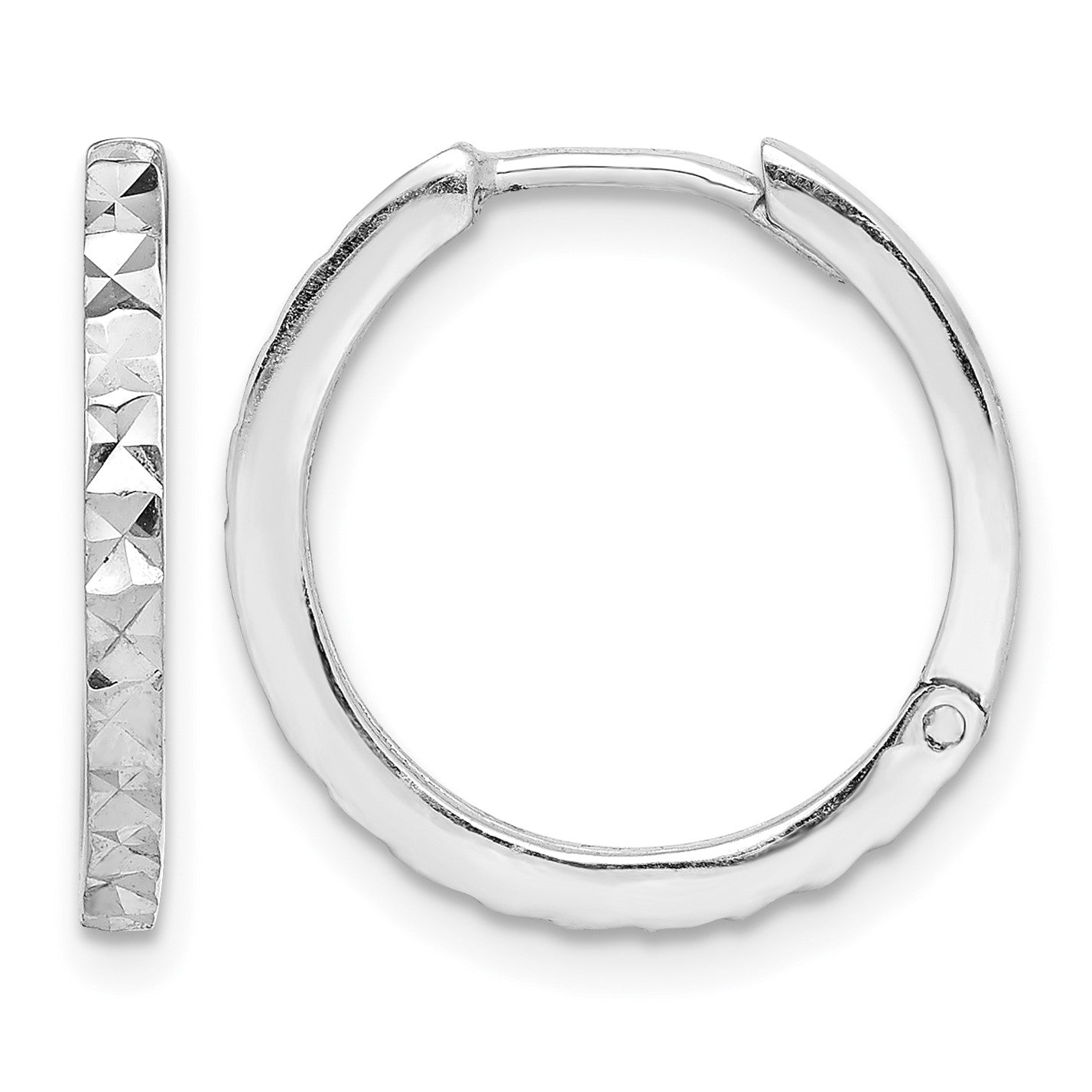 Sterling Silver Rhodium Polished Diamond Cut Hinged Hoop Earrings