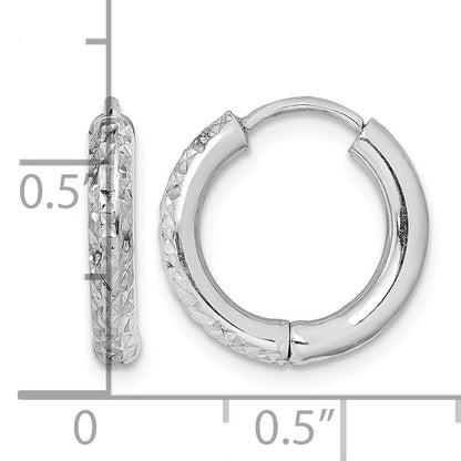 Sterling Silver Rhodium Polished Diamond Cut Hinged Hoop Earrings
