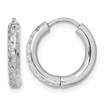 Sterling Silver Rhodium Polished Diamond Cut Hinged Hoop Earrings