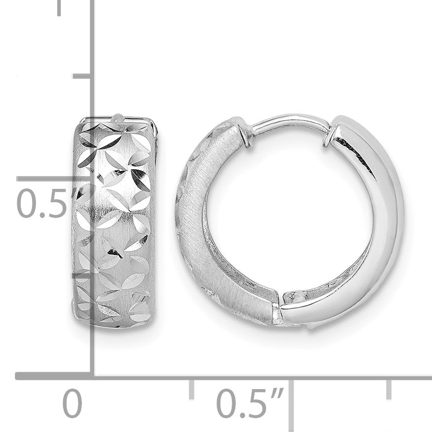 Sterling Silver Rhodium-plated Diamond Cut Hinged Hoop Earrings