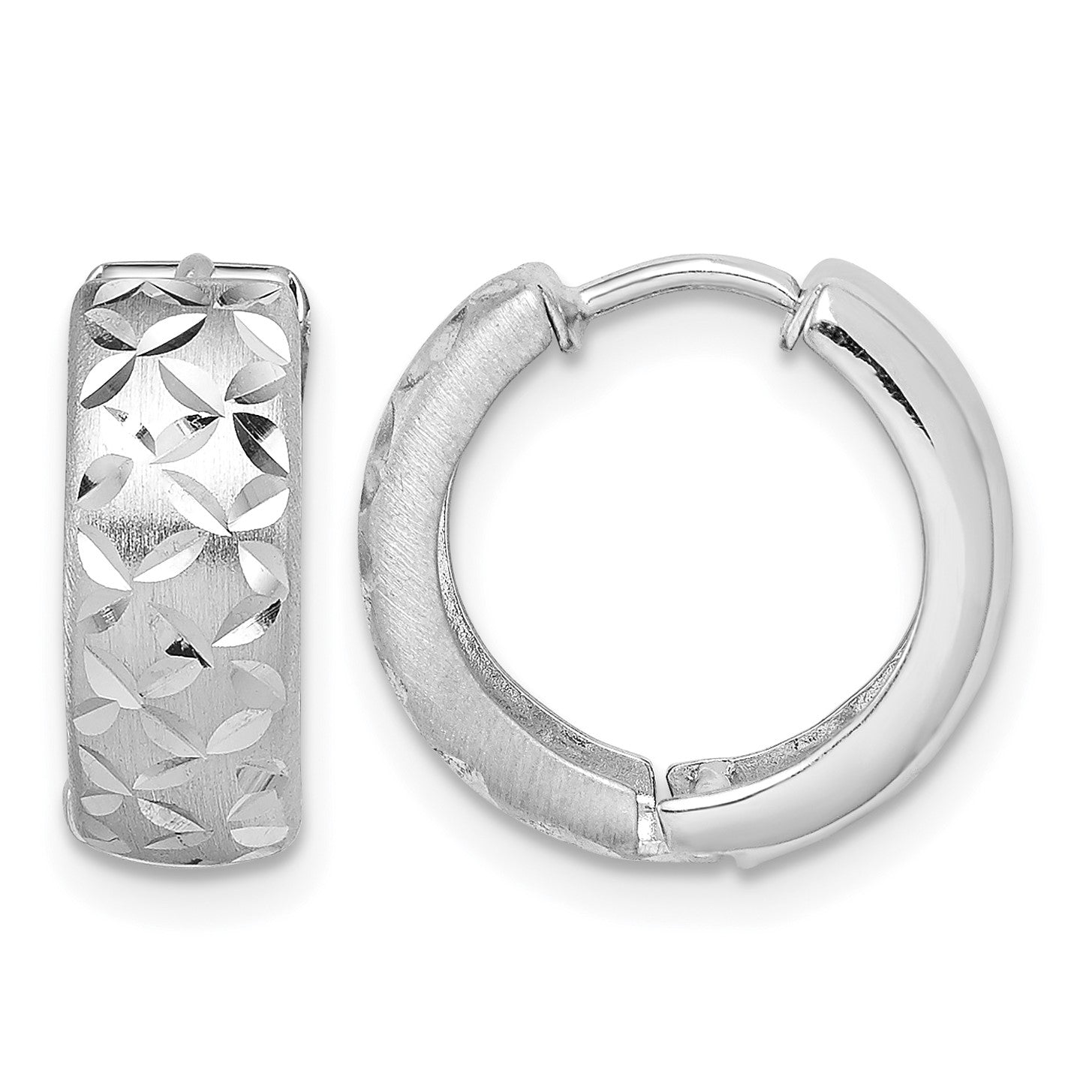 Sterling Silver Rhodium-plated Diamond Cut Hinged Hoop Earrings