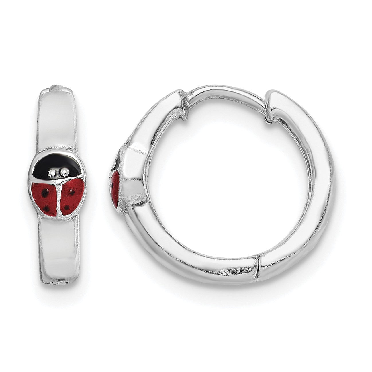 Sterling Silver RH-plated Enameled Ladybug Hinged Hoop Earrings