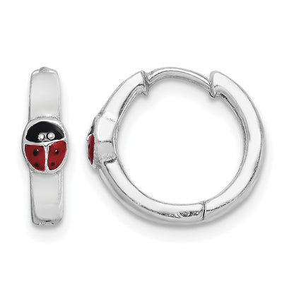 Sterling Silver RH-plated Enameled Ladybug Hinged Hoop Earrings