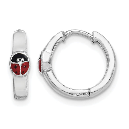 Sterling Silver RH-plated Enameled Ladybug Hinged Hoop Earrings