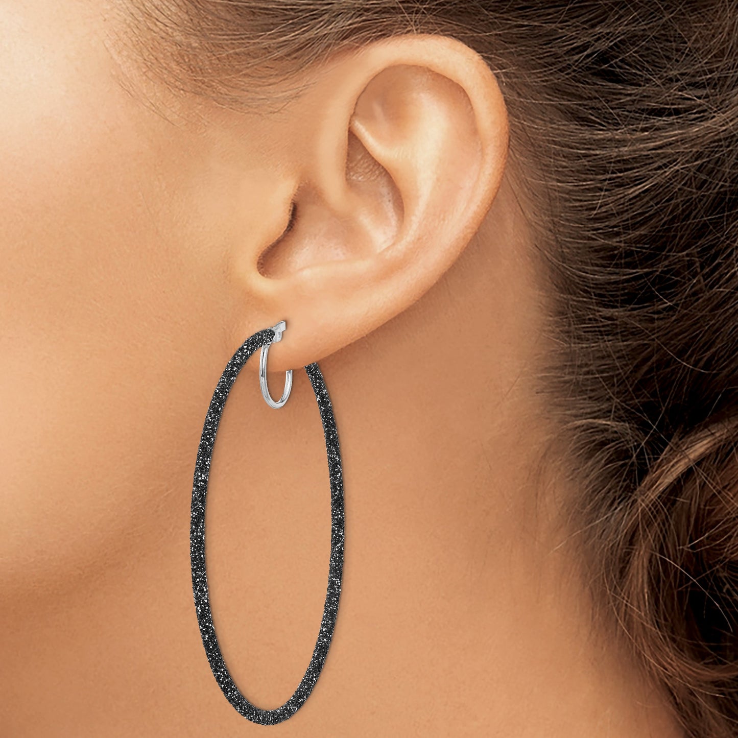 Sterling Silver Rhodium-plated Black Glitter Enamel 2x55mm Hoop Earrings