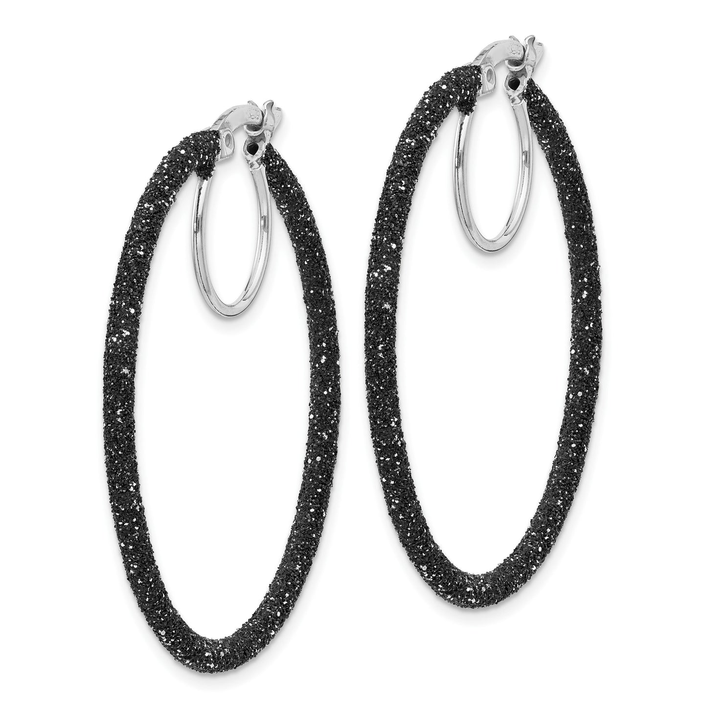Sterling Silver Rhodium-plated Black Glitter Enamel 2x35mm Hoop Earrings
