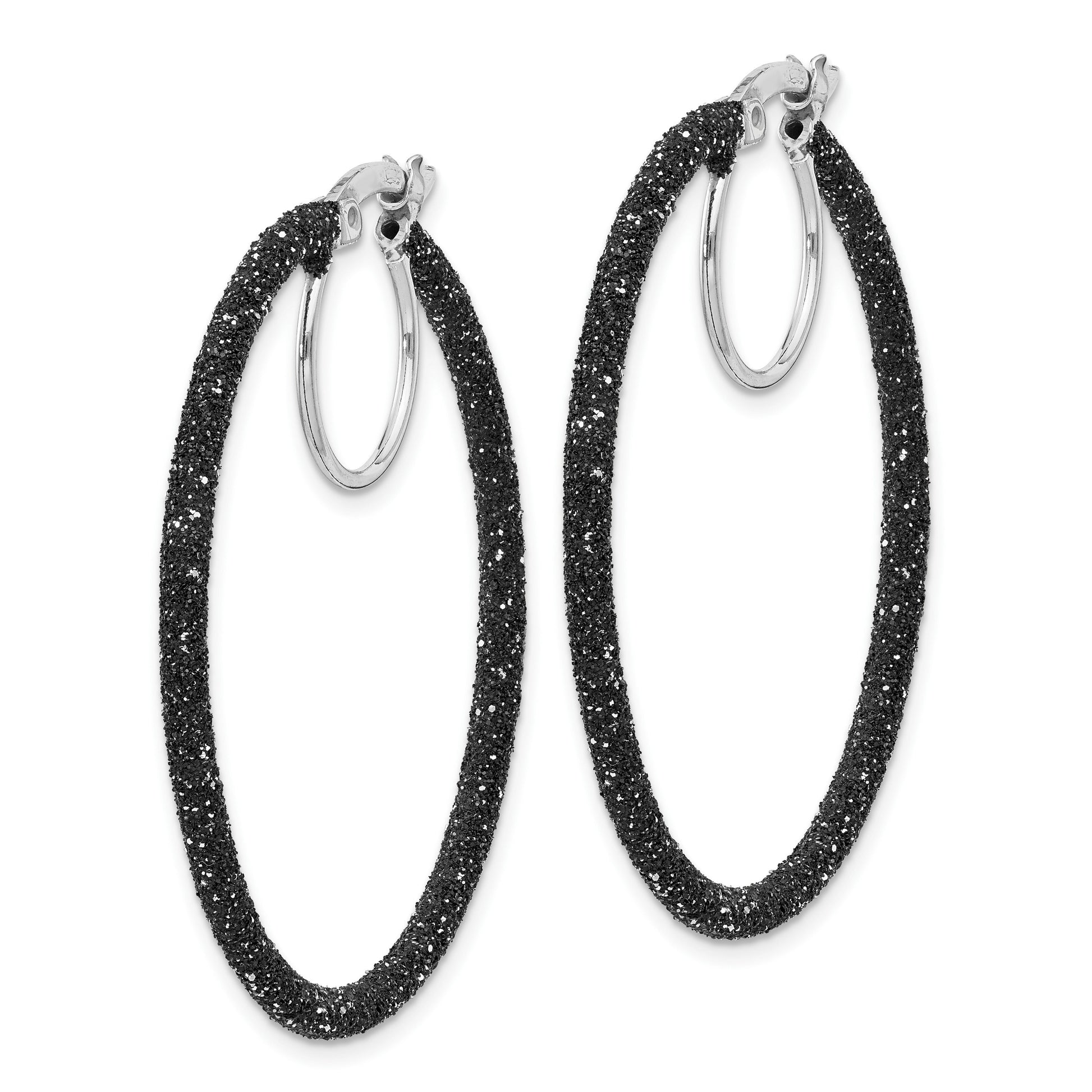 Sterling Silver Rhodium-plated Black Glitter Enamel 2x35mm Hoop Earrings
