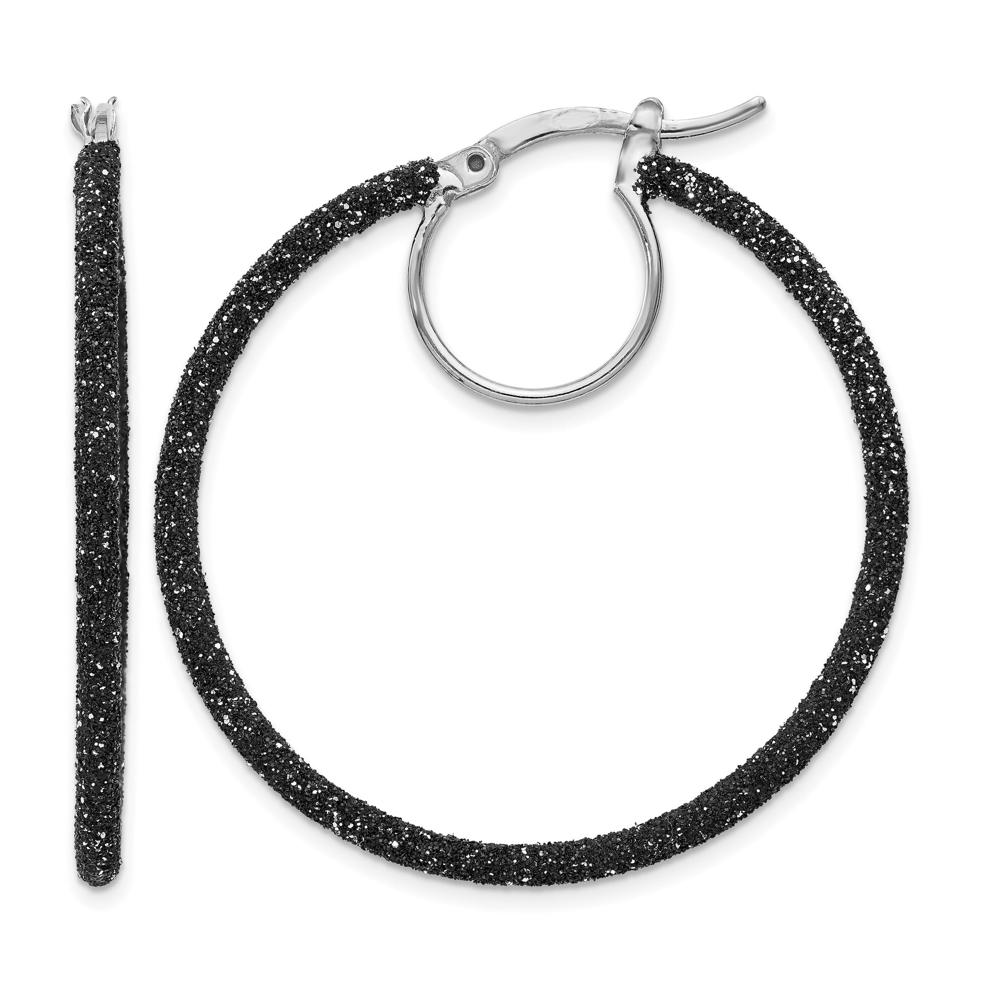 Sterling Silver Rhodium-plated Black Glitter Enamel 2x35mm Hoop Earrings