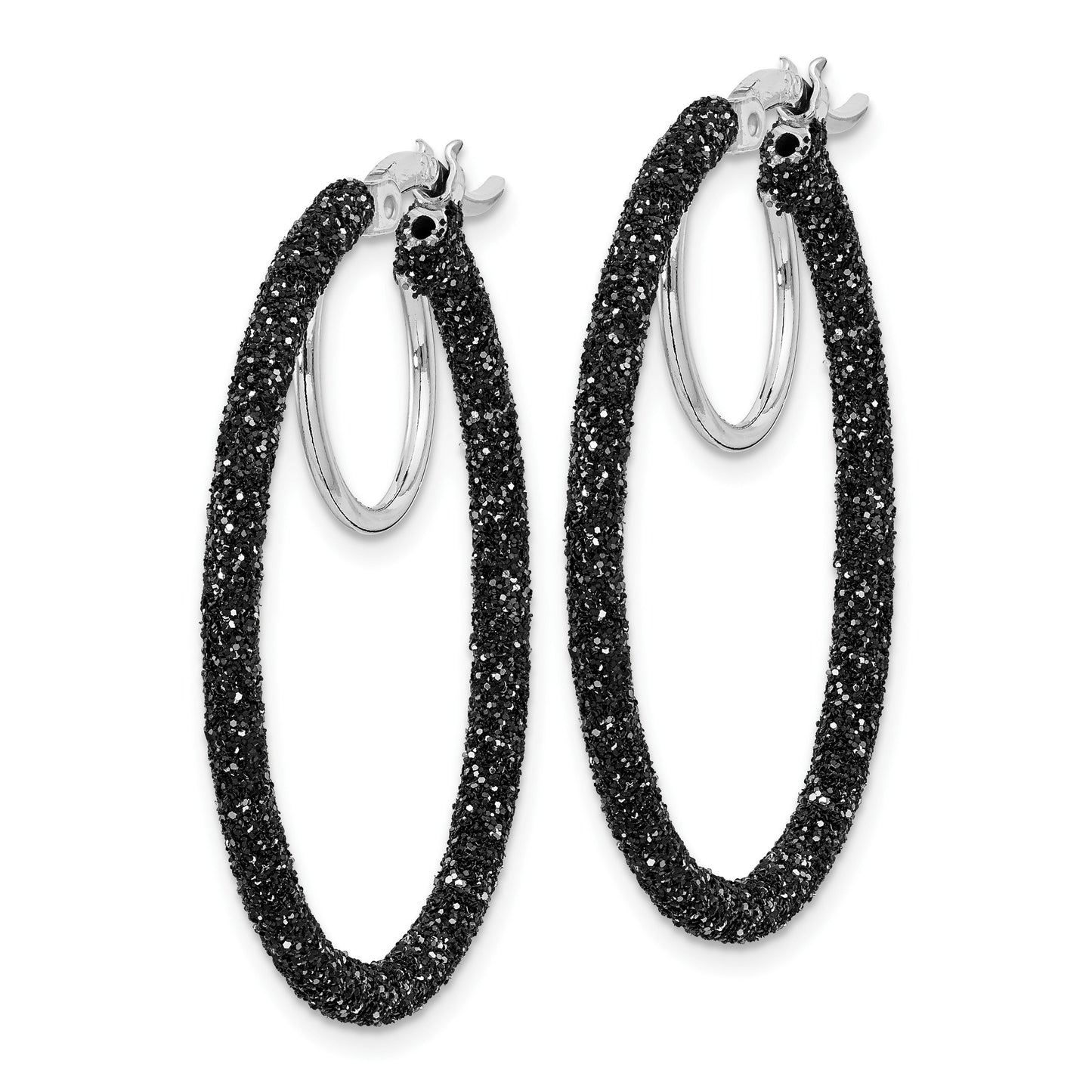 Sterling Silver Rhodium-plated Black Glitter Enamel 2x30mm Hoop Earrings