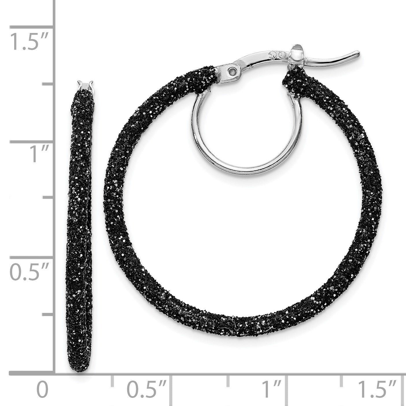 Sterling Silver Rhodium-plated Black Glitter Enamel 2x30mm Hoop Earrings