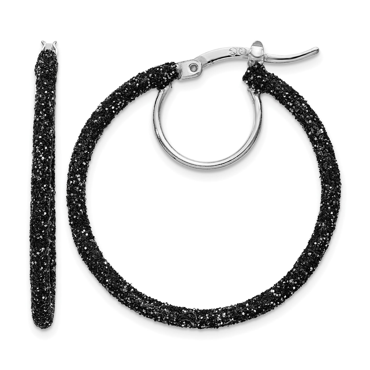 Sterling Silver Rhodium-plated Black Glitter Enamel 2x30mm Hoop Earrings