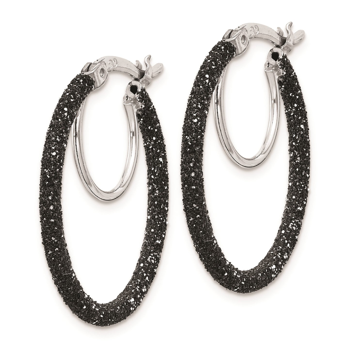 Sterling Silver Rhodium-plated Black Glitter Enamel 2x25mm Hoop Earrings