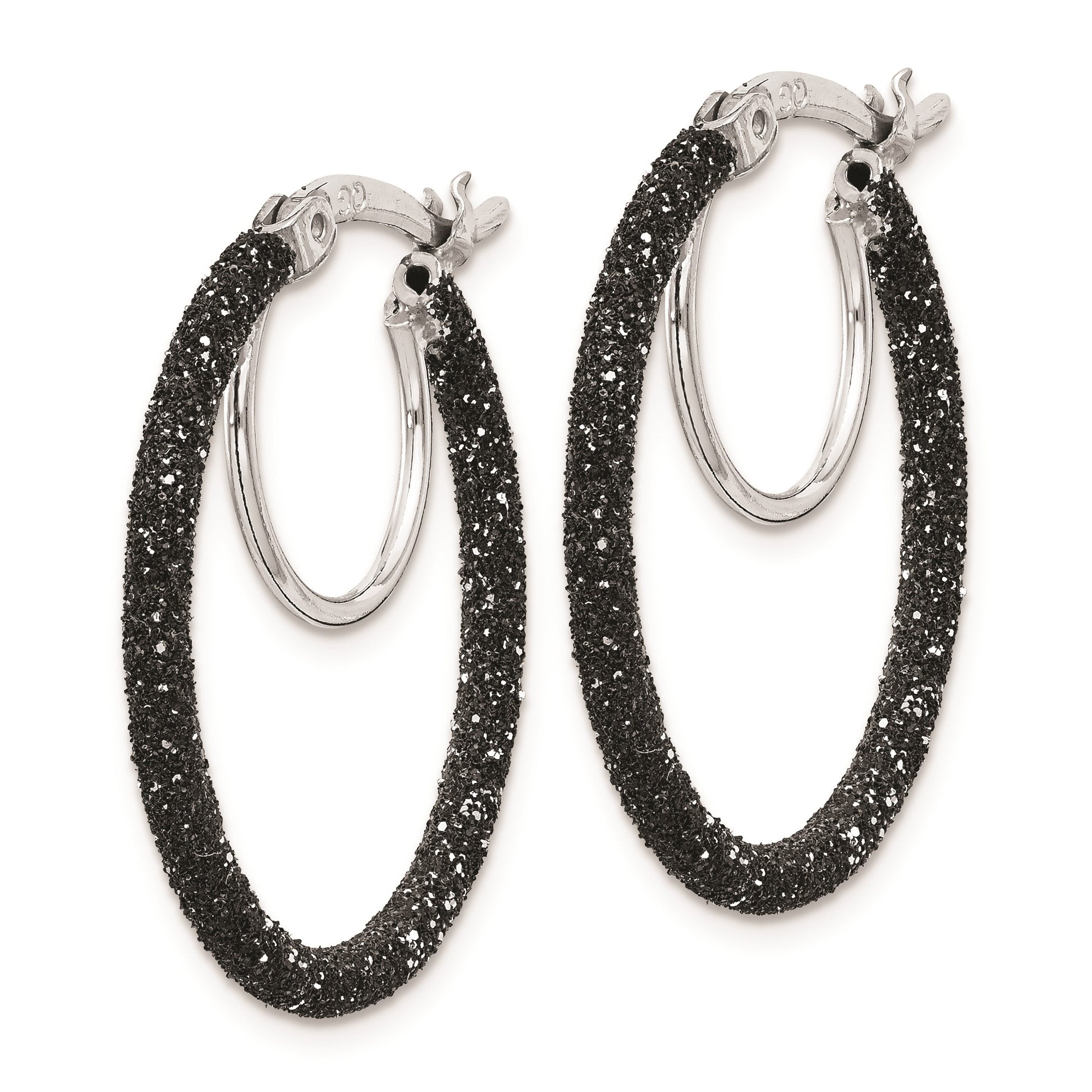 Sterling Silver Rhodium-plated Black Glitter Enamel 2x25mm Hoop Earrings