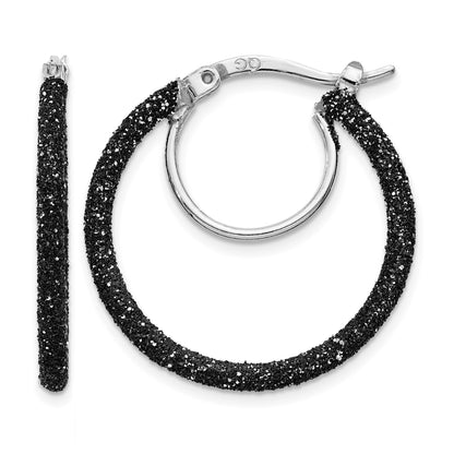 Sterling Silver Rhodium-plated Black Glitter Enamel 2x25mm Hoop Earrings