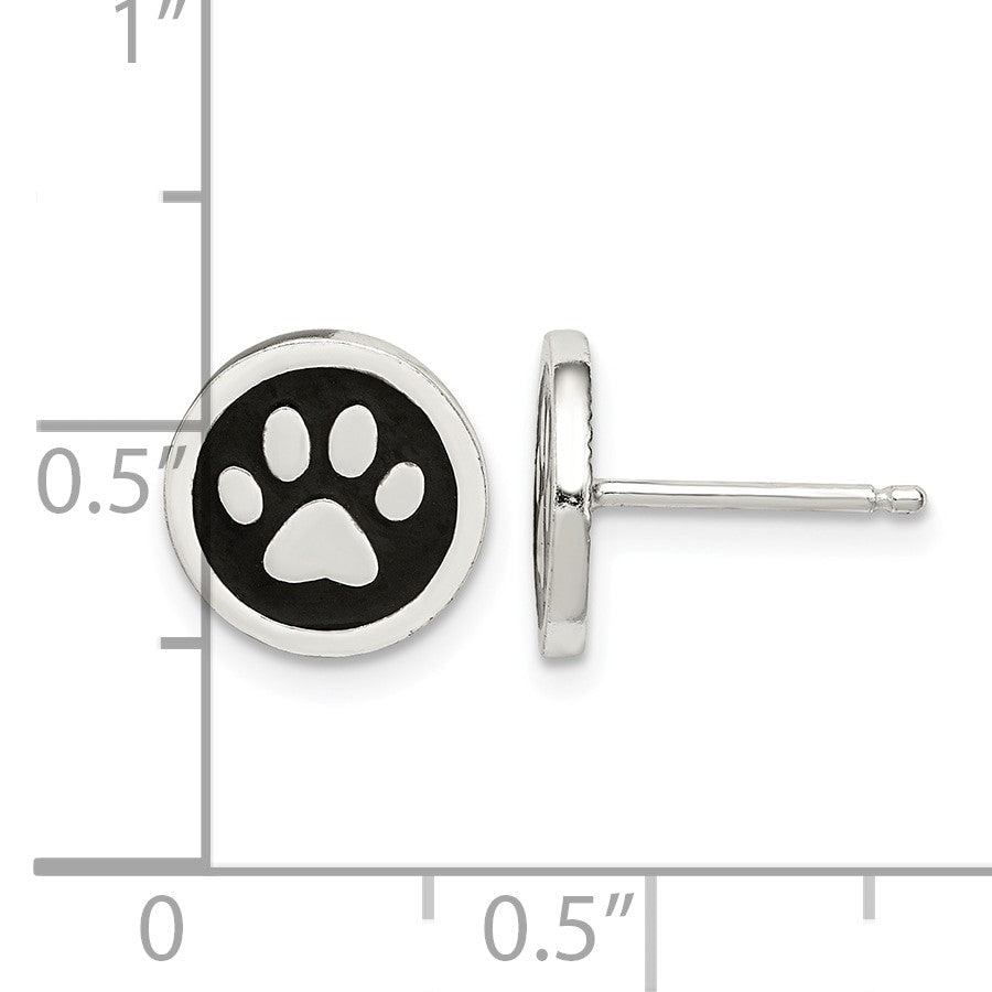 Sterling Silver Polished Enamel Paw Print Post Earrings