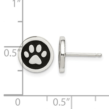 Sterling Silver Polished Enamel Paw Print Post Earrings