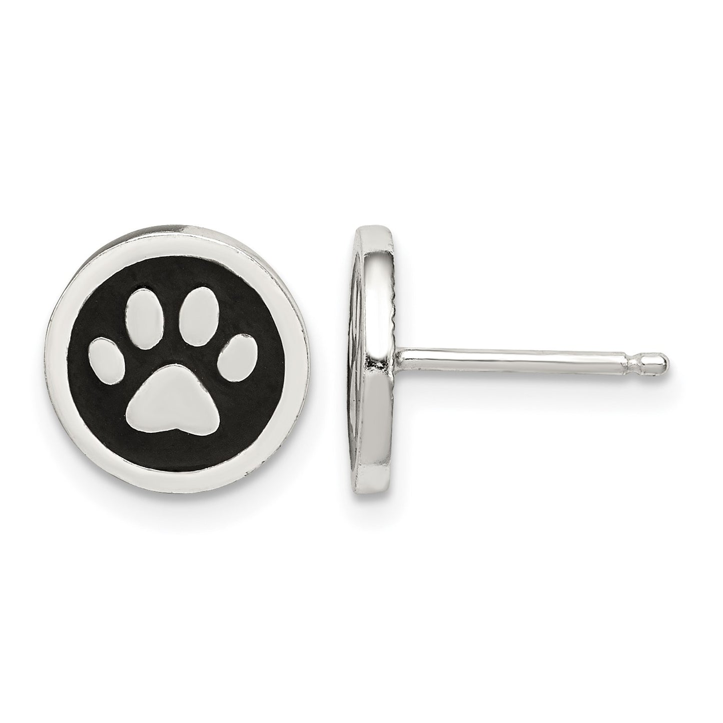 Sterling Silver Polished Enamel Paw Print Post Earrings