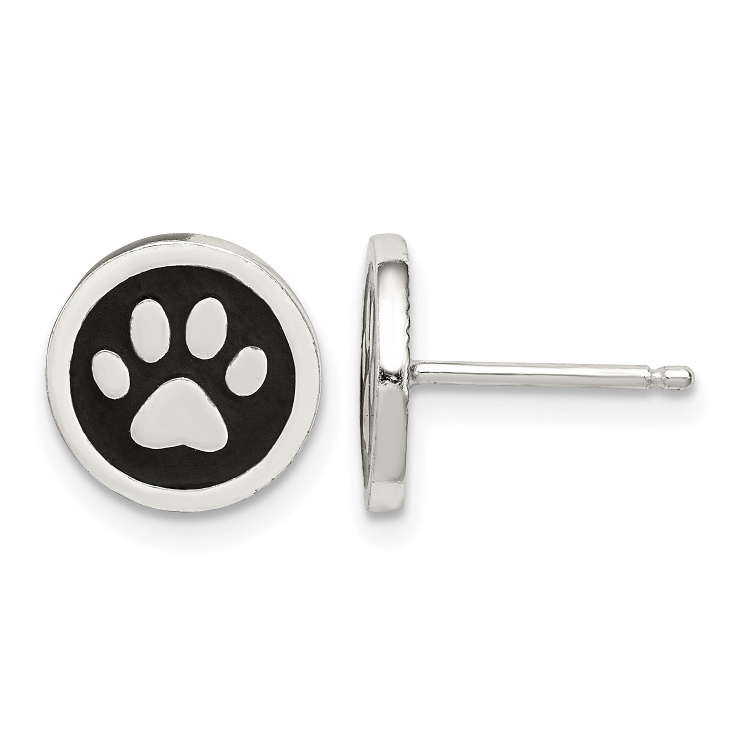 Sterling Silver Polished Enamel Paw Print Post Earrings