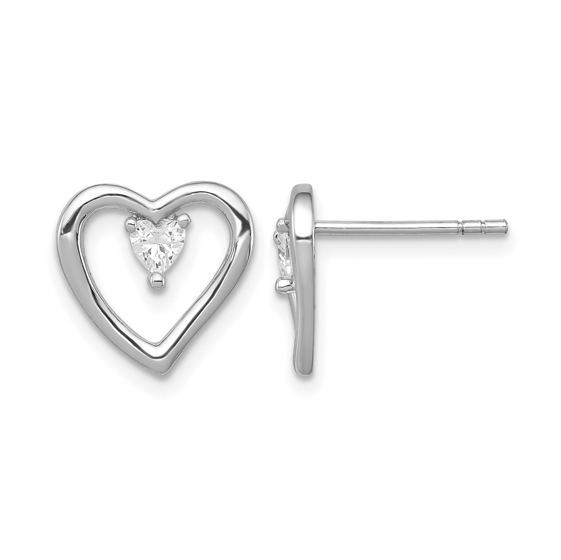 Sterling Silver Rhodium-plated CZ Polished Heart Post Earrings