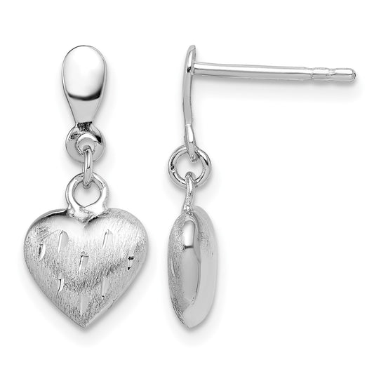 Sterling Silver Rhodium Plated 3-D Scratch Heart Post Earrings
