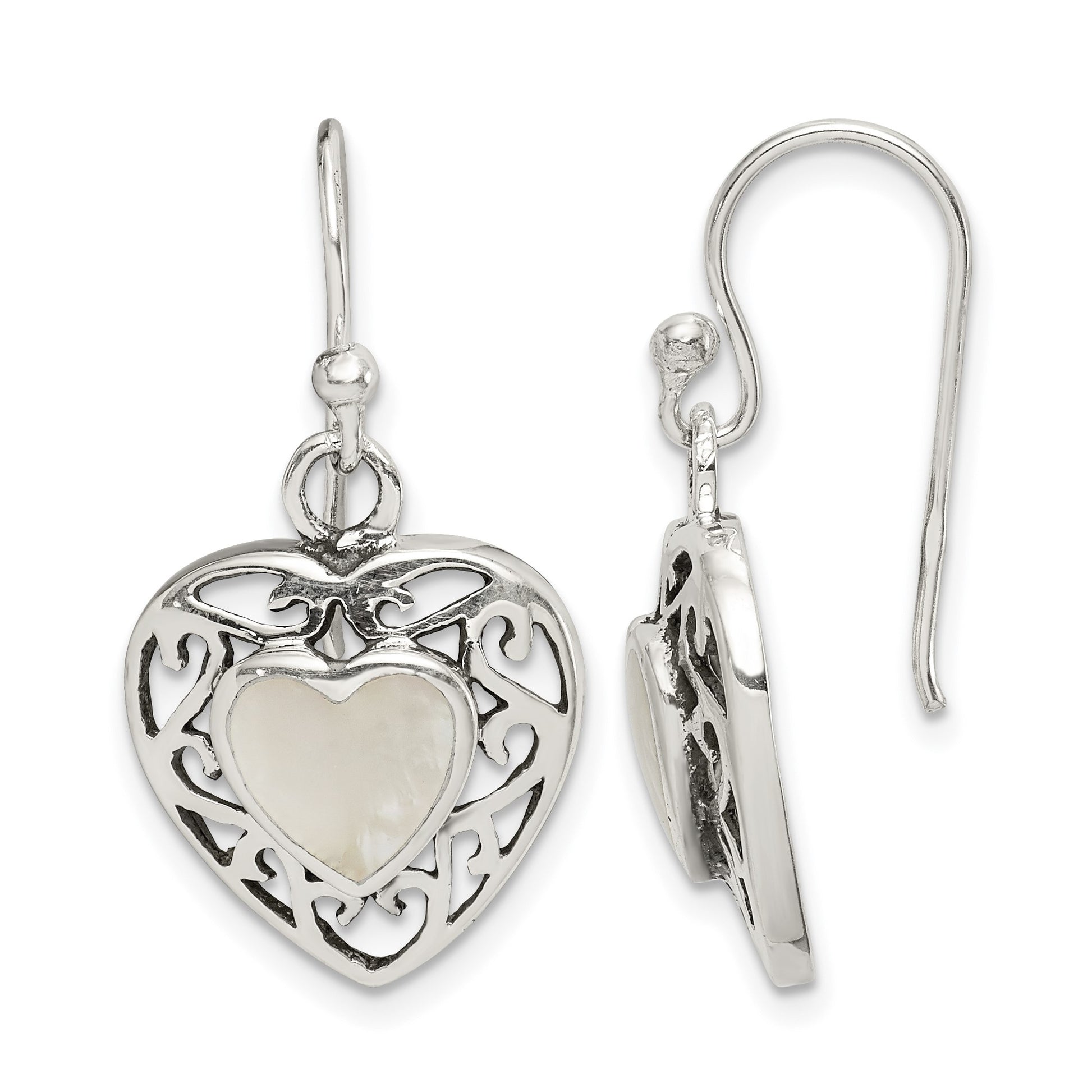 Sterling Silver Antiqued Mother of Pearl Heart Dangle Earrings