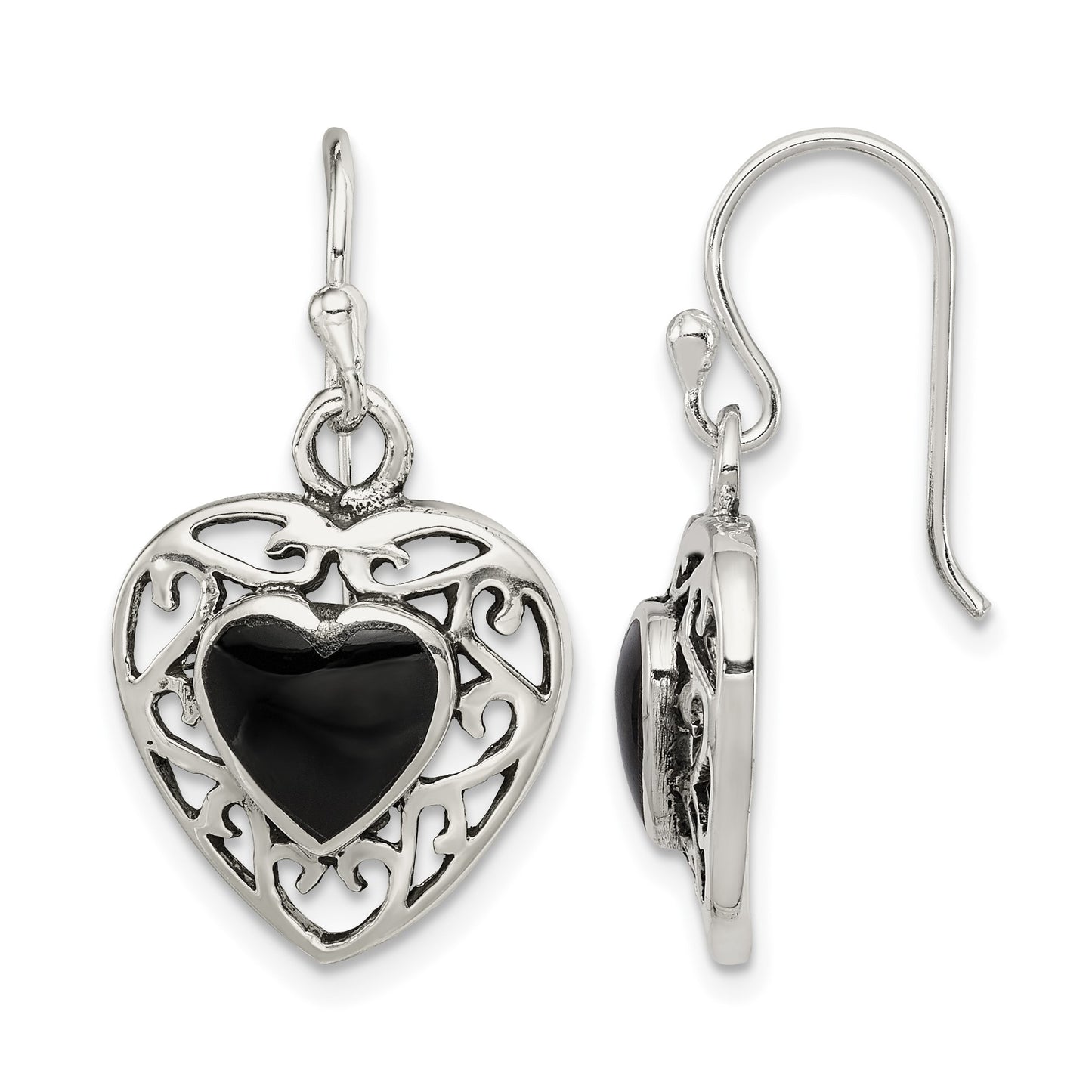 Sterling Silver Antiqued Onyx Heart Dangle Earrings