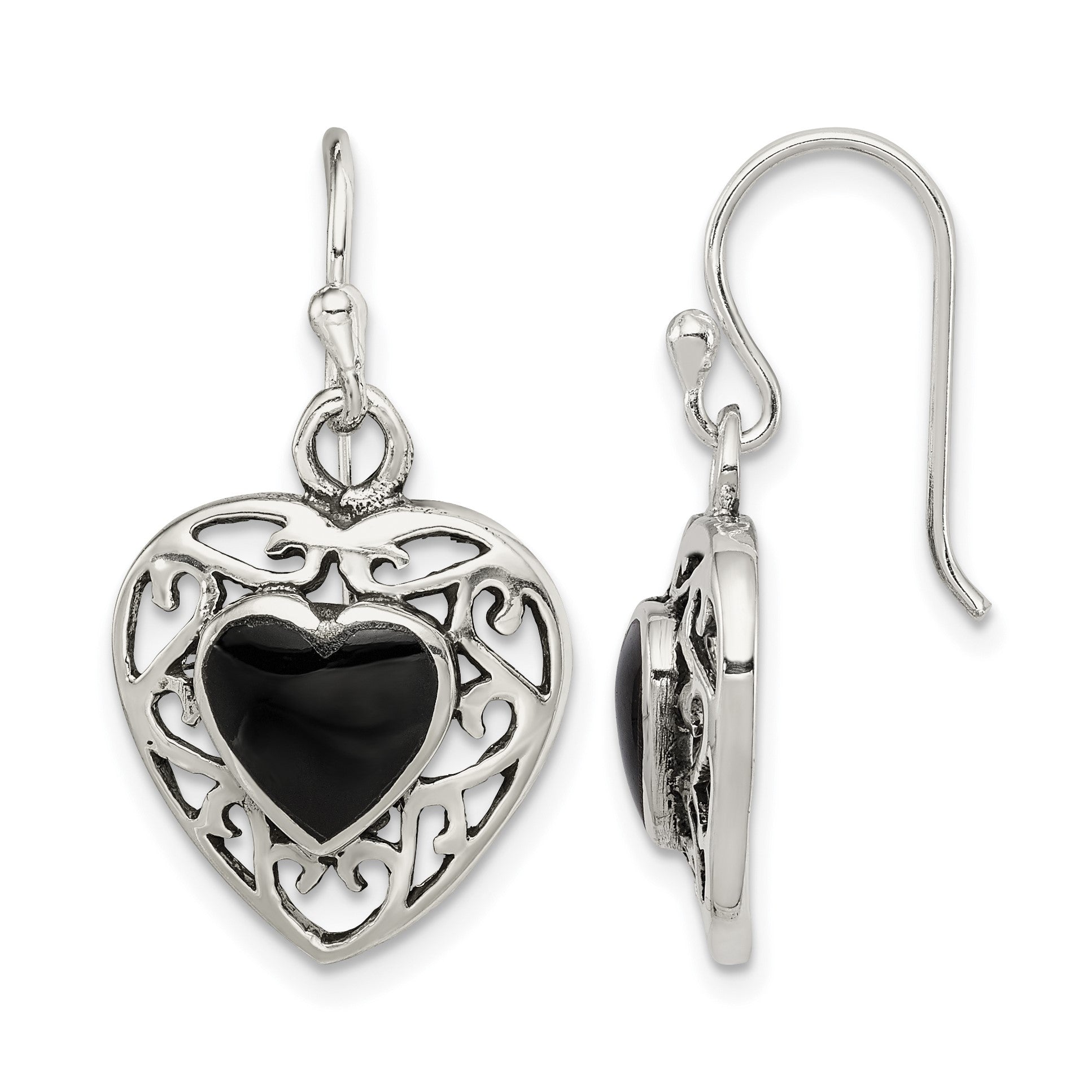 Sterling Silver Antiqued Onyx Heart Dangle Earrings